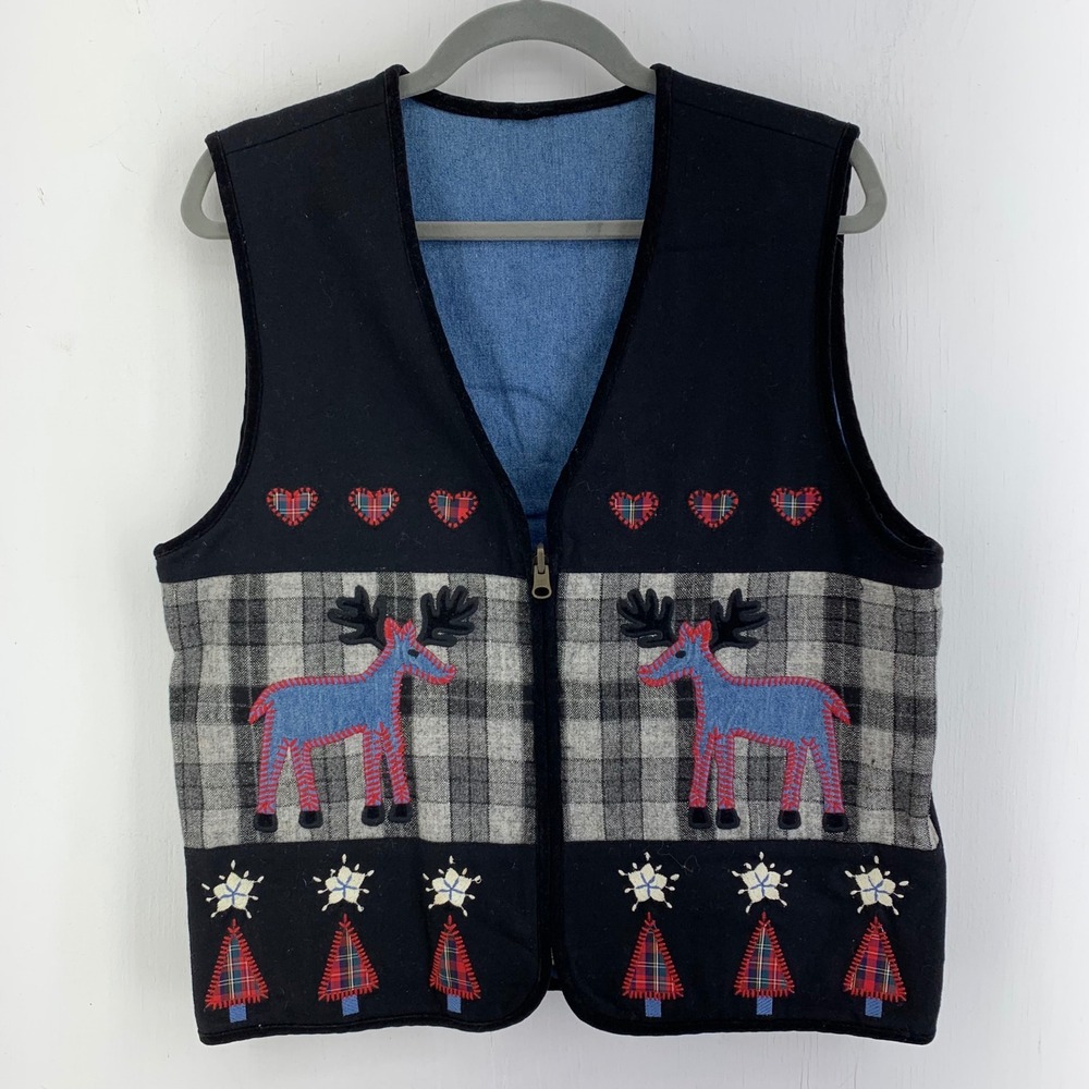 Vintage Cabin Rustic Folk Nordic Christmas Vest Black Plaid Moose Denim Large